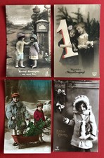 4 x Glückwunsch Foto AK NEUJAHR 1916/17/31 Kinder mit Zahl 1 Schlitten ( 73278