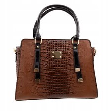 Elegante Handtasche Krokodil Schlangenmuster Tasche Braun lackiert Öko Leder