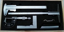 5-teiliges Ingenieure Mess-Set ~ Messschieber, Mikrometer, Tiefenmesser, Vierkant, Kante