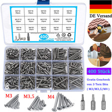 400 M3-M4 Spanplattenschrauben A2 Senkkopf-Torx Holzschrauben Sortiment Set+Bits