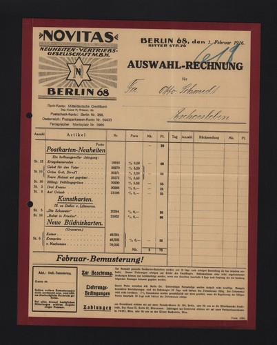 Berlin rechnung 1916 - berlin,, novitas