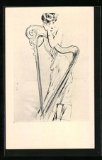 Künstler-AK sign.Hellen: Schöne junge Frau steht hinter einer Harfe 