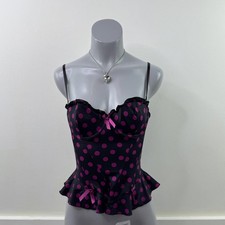 Y2K Vintage Polka Dot Korsett Top Trägerlos Schwarz Rosa Rüschen Saum Rüsche Gepunktet