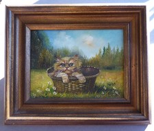 Kleine Katze im Korb signiert mit " Neise " Orig. Oelgemälde handgemalt Holzrahm