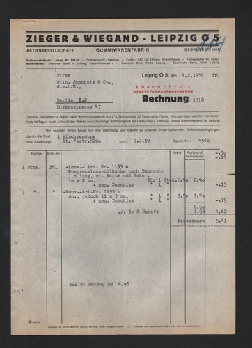 Leipzig rechnung 1939 - leipzig,, 1939,
