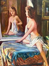 ÖLGEMÄLDE AKT EROTIK NACKTE FRAU VOR DEM SPIEGEL SIGNIERT M. NARCI