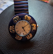 ARMBANDUHR  Stretch Elefant Elefanten goldfarben eingelegt dunkelblau Luxus