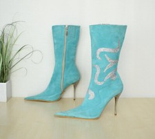 seltene Ferde Designer High Heel Stiefel Gr. 39 türkis spitz Echtleder