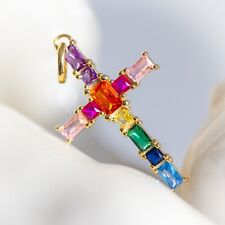 Kreuz Schmuck Anhänger / 925 Silber vergoldet + bunten Edelsteinen für Halskette