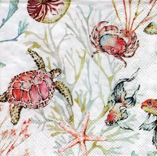 3 Cockt. Servietten~ Maritim, Unterwasserwelt Schildkröten Fische Krabben ~25x25