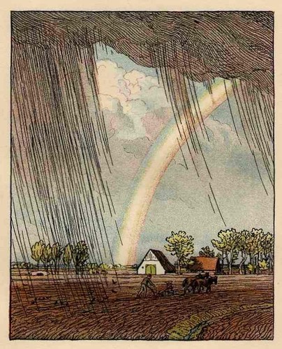 Regenbogen über feldarbeit - regenbogen,