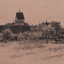 Unbekannt Dorfansicht feine Kaltnadelradierung signiert Spätes 19 Jh