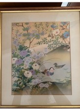 4 Seidengemälde Japanische Kunst mit Holzrahmen 