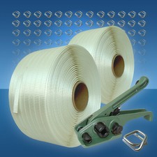 2 Rollen Umreifungsband 19 mm + 300 Metallklemmen + Bandspanner, Umreifungsset