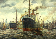 Ölgemälde Malerei Paul Behrendt Hamburger Hafen Schiff Dampfschiff St. Pauli