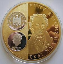 5 MARK / REICHSMARK 1932 - GOETHE - 110 GRAMM & 70 MM MEDAILLE - VERGOLDET