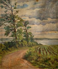 Ölbild Impressionist 1917 Weg zum Meer Fjord See unten signiert 60,5 x 50,3 cm