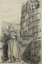Frau am Fuß eines Turmes stehend und lauschend, Zeichnung, Romantik, 19. Jh.