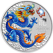 1 OZ Silber Lunar 3 Drache 2024 mit Farbapplikation Blau Blue Dragon color