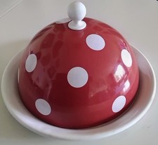 Emaille Butterdose, Servierglocke, Butterglocke mit Teller, Tupfen Rot- Weiß