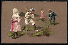 Junge Männer spielen Cricket, Ansichtskarte 1906 