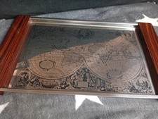 Historische Antike Weltkarte Wandbild Serviertablett Henr.Hondio Edelstahl 38/22