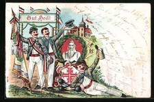 Lithographie Gut Heil!, Turner mit Bierkrug und hcoh lebendem Hut, Portrait Tur 