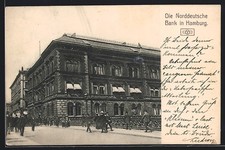 Hamburg, belebte Straßenpartie mit Norddeutsche Bank, Ansichtskarte 1907 