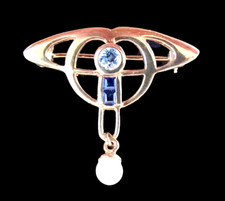 Art Nouveau Jugendstil Rosegold 9K 333 Aquamarine, Saphire, Perle Brosche 1915