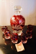 sehr altes prächtiges 7-teiliges Likörset, Rubinglas Kristall, rot, Vintage