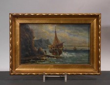 rh1/4  anonym  kleines Ölgemälde  ~ 1900  Fischerboote an der Küste  