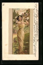 Künstler-AK Frau in gelbem Kleid unter blühenden Zweigen, Jugendstil 