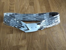 Damen Metallgürtel, Gliedergürtel mit Strasssteinen weißes Verschlussleder 83 cm