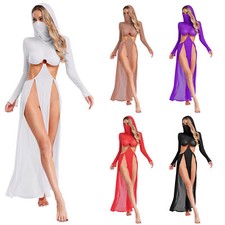 Damen Überwurf Lange Ärmel Kleid Hoher Schlitz Rock Sexy Kapuze Punk Outfit