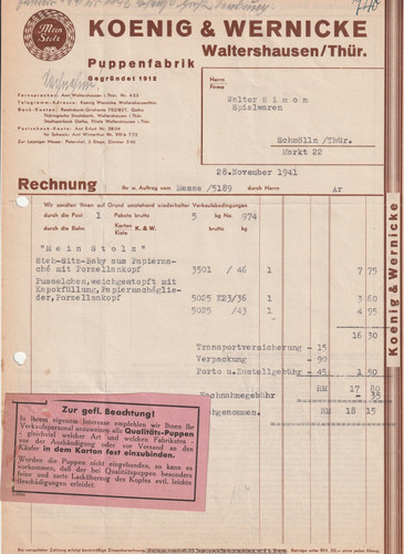 1941 rechnung koenig - rechnung, &
