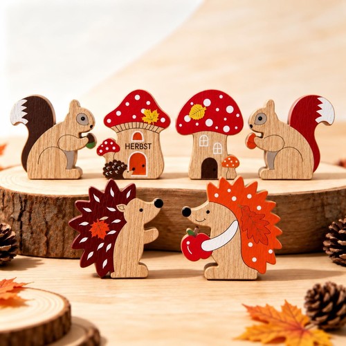 6er set herbstdeko holz igel - holz,