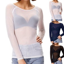 Damen Sexy Mesh Oberteile Transparent T-Shirt Langarmshirt Bluse Hemd Clubwear