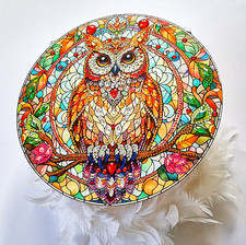 Prachtvolle Eule, Hänge-Deko, Strass-Malerei, beidseitiges Motiv,  25 cm.