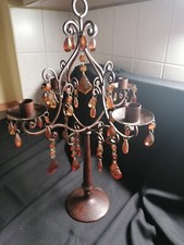 Alter 4-armiger Kerzenleuchter mit Behang Bernsteinfarbig, Metall/Braun, 52cm, 