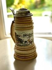 Bierkrug aus Porzellan mit Metall-Deckel,  Jagdmotiv, Lettinner Porzellanwerk