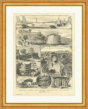 Skizzen aus Kanton China Stadtthor Fort Pagode Kanalstraße Holzstich E 8604