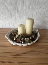 Dekoschale mit Kerzen & Kunstblumen - Gold Deko Keramikschale Dekoration Schale