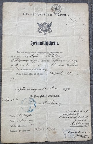 Heimatschein großherzogtum - heimatschein,