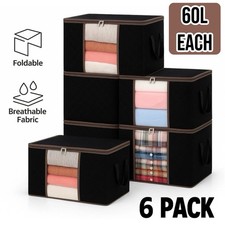 6er Pack 60L Faltbare Aufbewahrungstaschen mit Reißverschluss & Klarsichtfenster - Schwarz mit Griffen