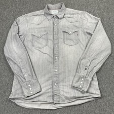 Replay Hemd Herren Large Grau Denim Perlen Druckknopf Western Cowboy Utility Tasche M4860