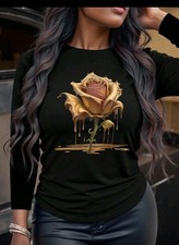 *Damen T-Shirt Goldene Rose Strecht Langarm Schwarz Gr L