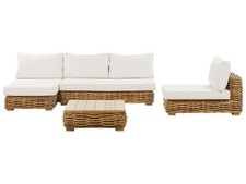 Lounge Set Rattan natürlich 4 Personen rechtsseitig Auflagen cremeweiß Varallo