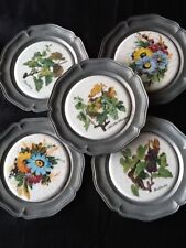 5 x Wandteller Untersetzer Porzellan Blumen mit edlem Zinkrand Punze  Ø 10 cm