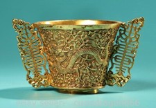 4" Alte Tibet Bronze 24K Gold Gilt Dynastie Blume Drachen Weingefäß Tasse