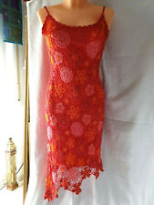 k376 NICOWA S 36 Häkel Midi Lang Kleid Rot Asymmetrisch Zipfel großmaschen Damen